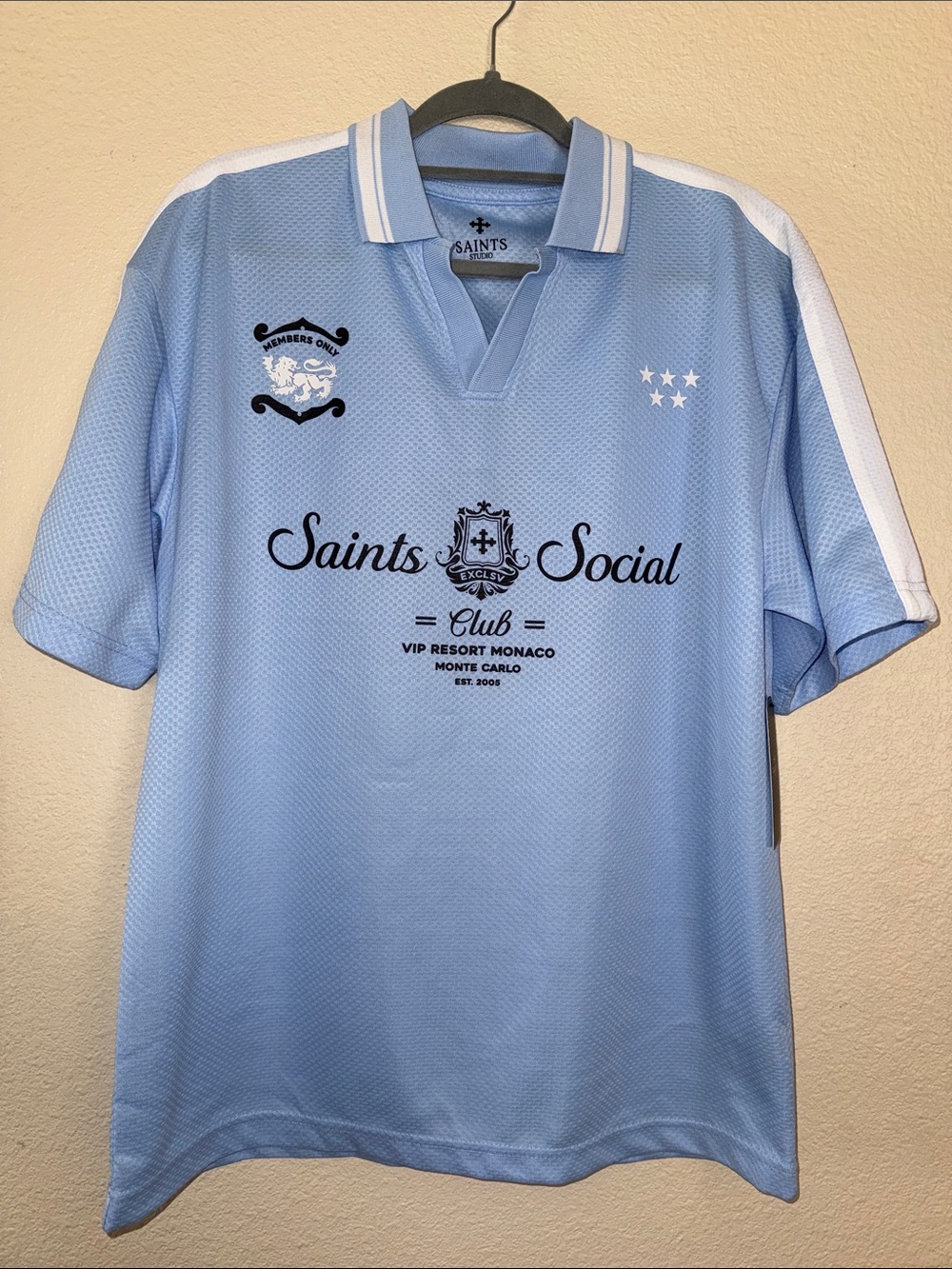 NWT Saints Studio Men's Light Blue Graphic Polo Shirt Size M